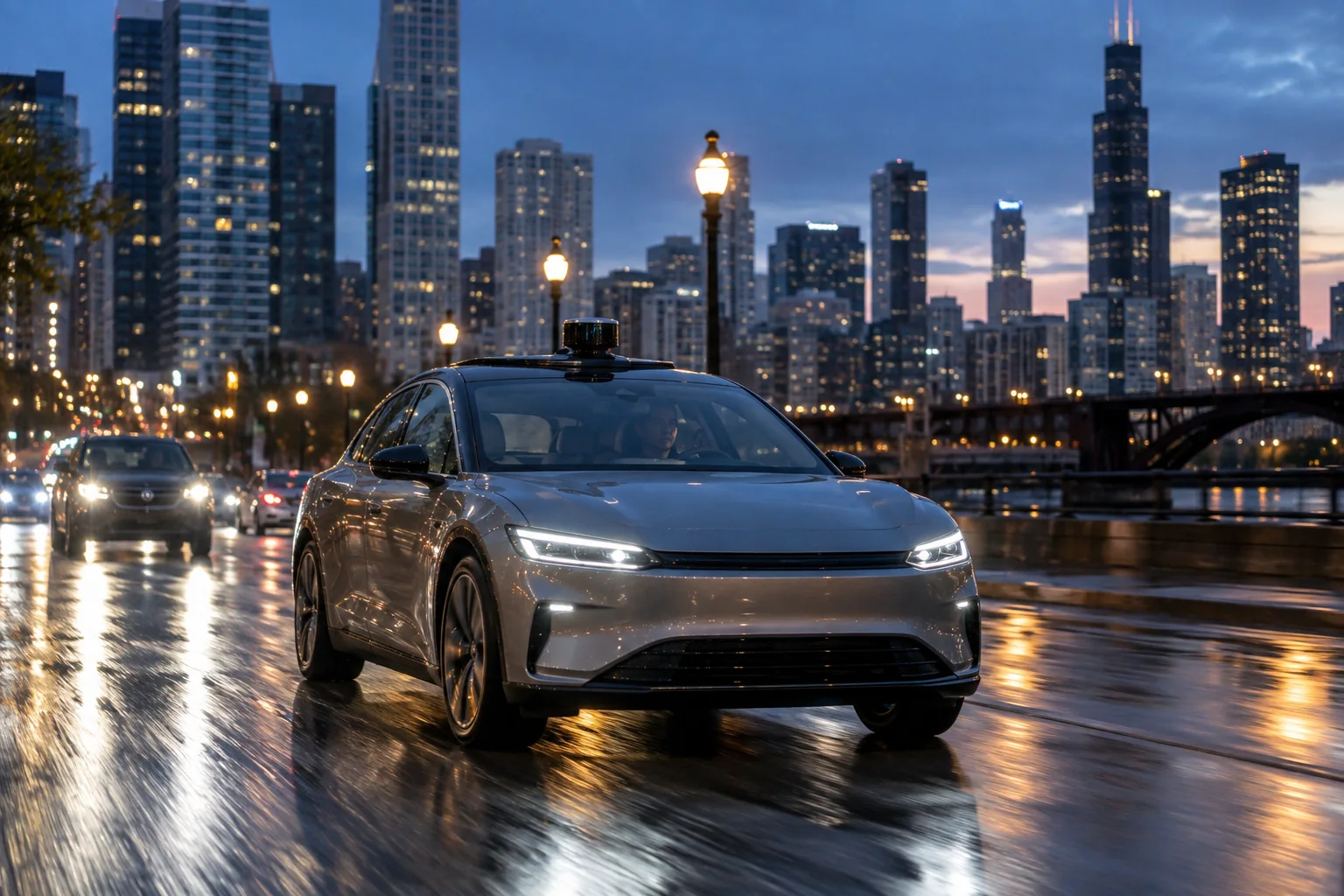 Modern electric car driving through a city at dusk
