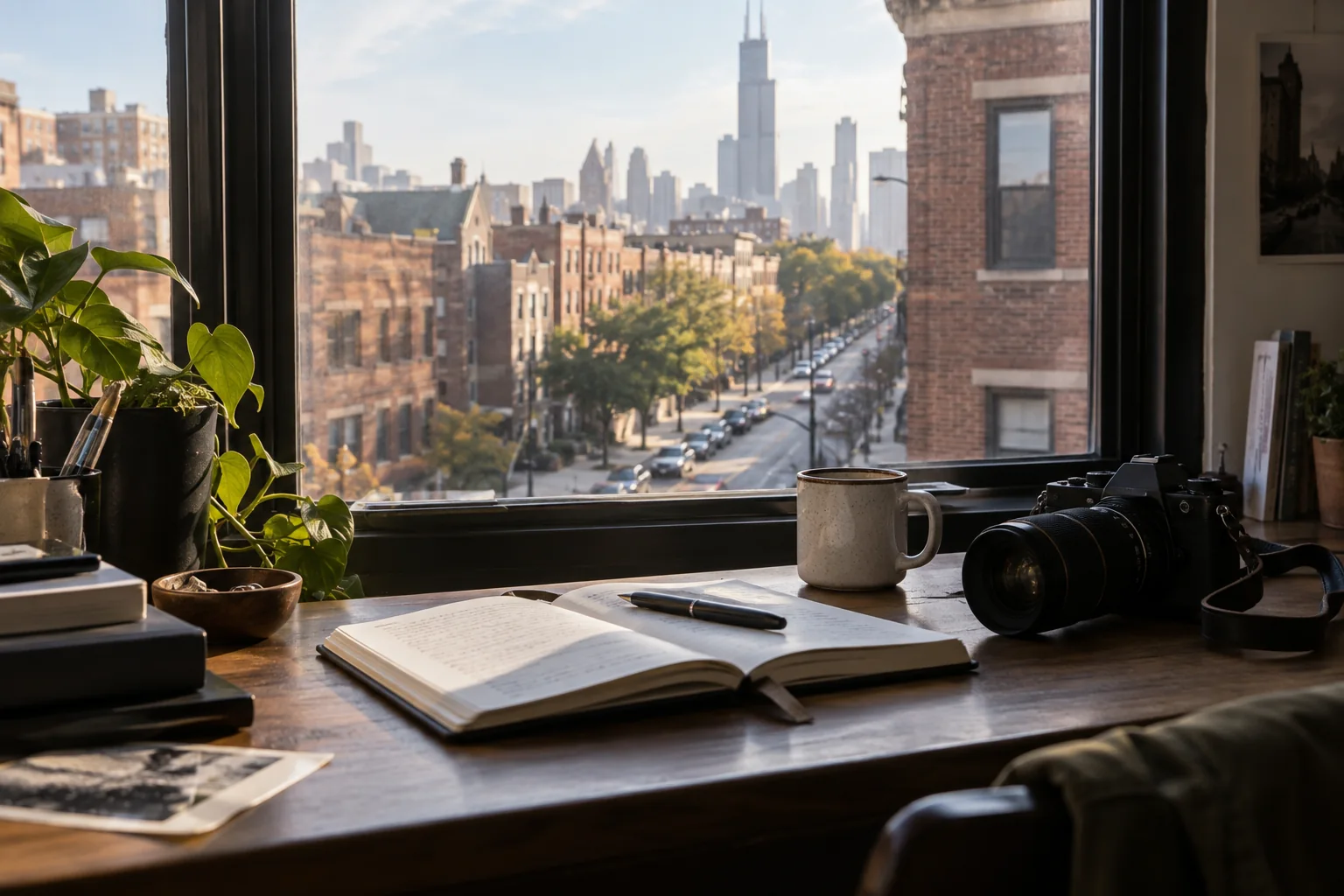 Notebook and camera by a window overlooking a Chicago neighborhood